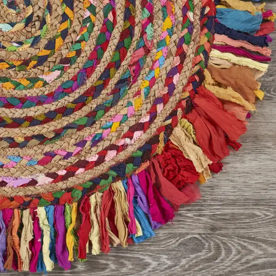 4' Rainbow Multi Round Hand Woven Jute Area Rug With Fringe Photo 7