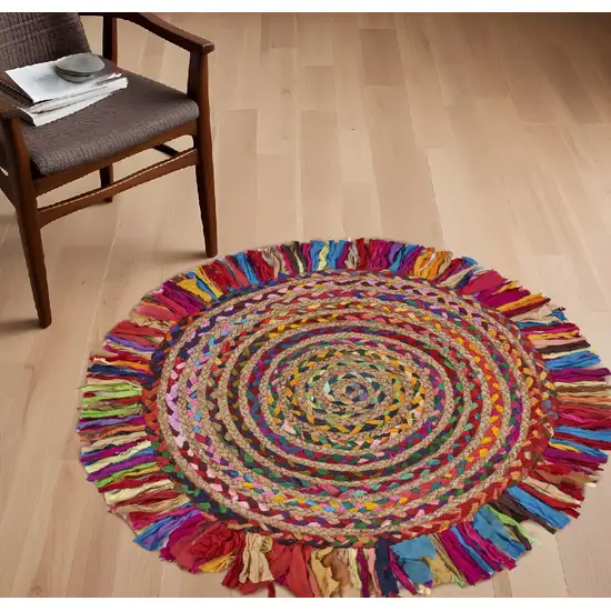 4' Rainbow Multi Round Hand Woven Jute Area Rug With Fringe Photo 2