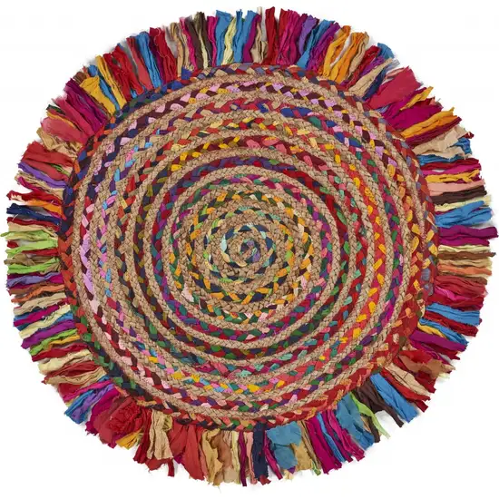 Multicolored Chindi and Natural Jute Fringed Round Rug Photo 1