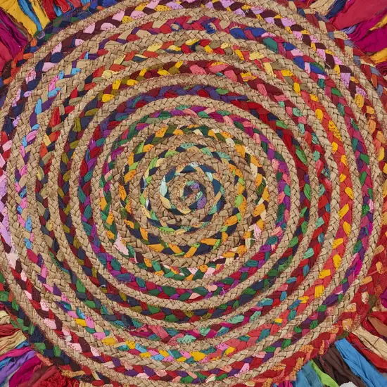 Multicolored Chindi and Natural Jute Fringed Round Rug Photo 2