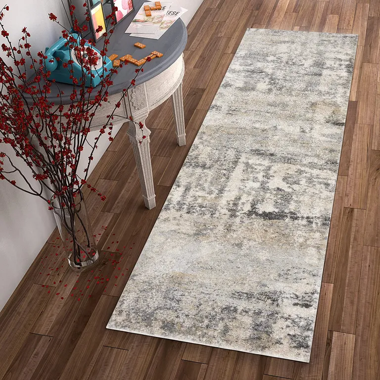 Natural Beige Machine Woven Abstract Brushstrokes Indoor Runner Rug Photo 5