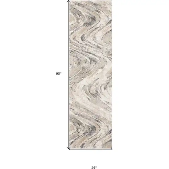 7' Natural Beige Machine Woven Abstract Waves Indoor Runner Rug Photo 3