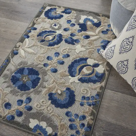 Blue And Gray Floral Indoor Outdoor Area Rug Photo 4