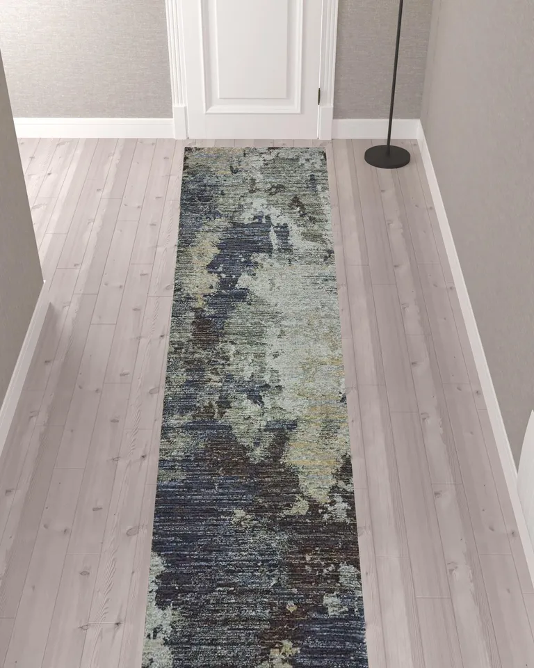 Navy And Blue Abstract Power Loom Stain Resistant Runner Rug Photo 2