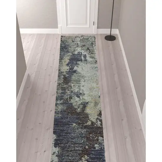 Navy And Blue Abstract Power Loom Stain Resistant Runner Rug Photo 2