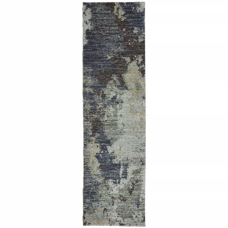 Navy And Blue Abstract Power Loom Stain Resistant Runner Rug Photo 1