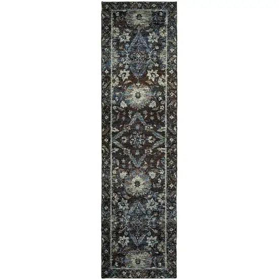 Navy And Blue Oriental Power Loom Stain Resistant Runner Rug Photo 1