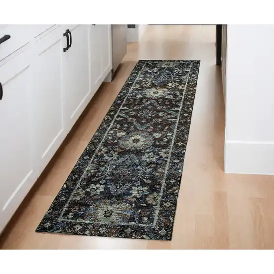 Navy Blue Oriental Power Loom Runner Rug Photo 1