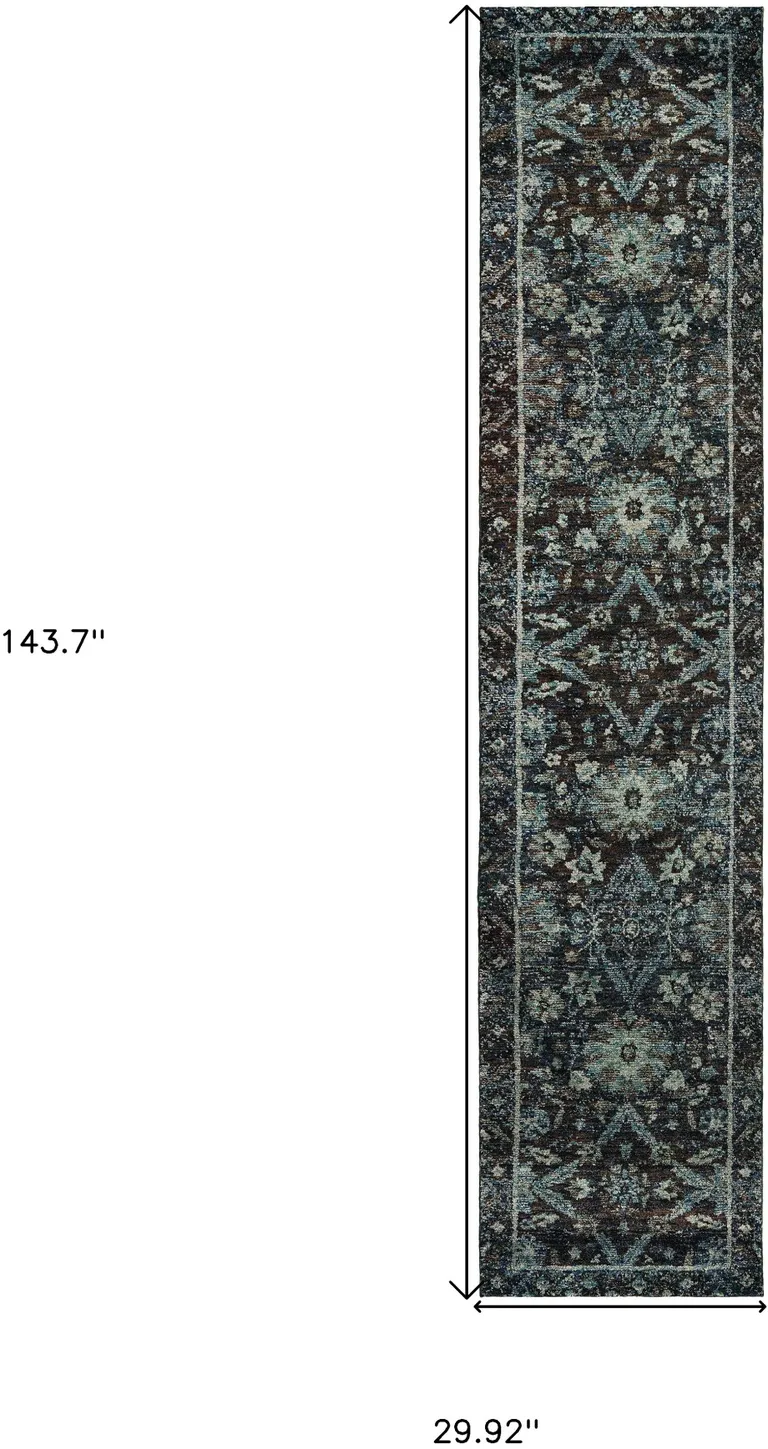 Navy And Blue Oriental Power Loom Stain Resistant Runner Rug Photo 5