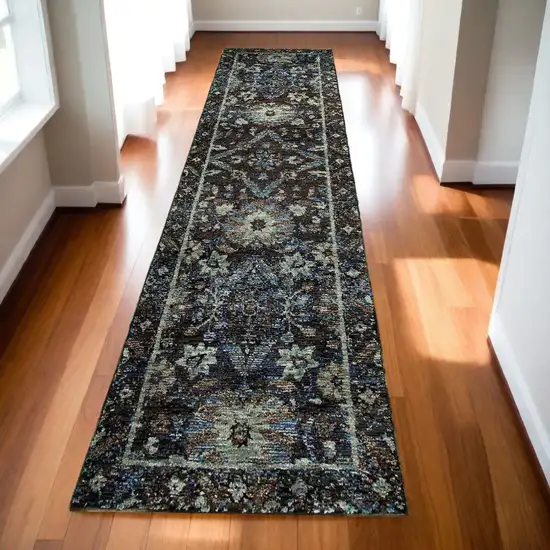 12' Runner Navy and Blue Oriental Power Loom Runner Rug Photo 1