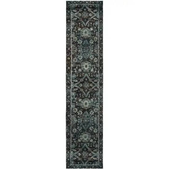 Navy And Blue Oriental Power Loom Stain Resistant Runner Rug Photo 1