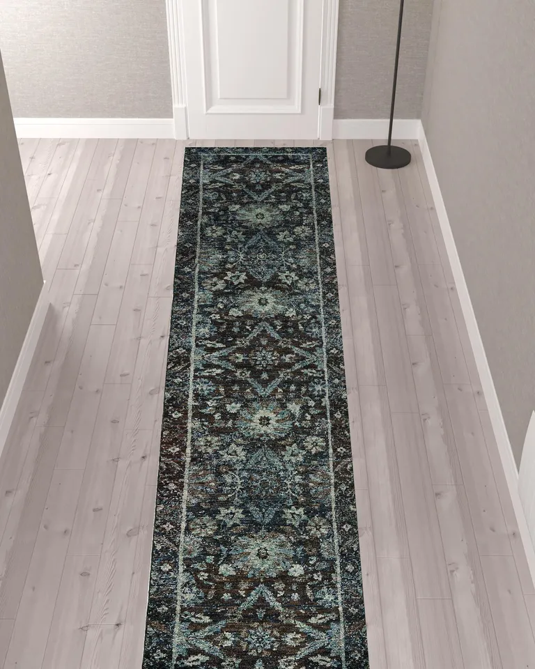 Navy And Blue Oriental Power Loom Stain Resistant Runner Rug Photo 2