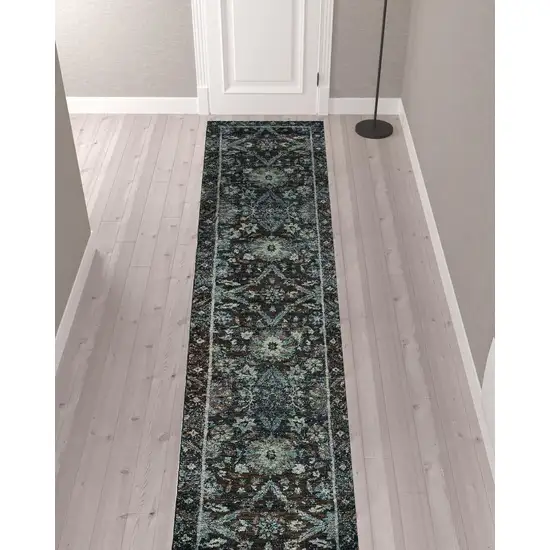 Navy And Blue Oriental Power Loom Stain Resistant Runner Rug Photo 2