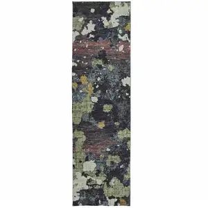 Photo of Navy And Green Abstract Power Loom Stain Resistant Runner Rug