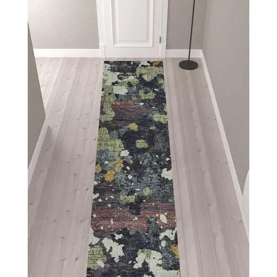 Navy And Green Abstract Power Loom Stain Resistant Runner Rug Photo 2