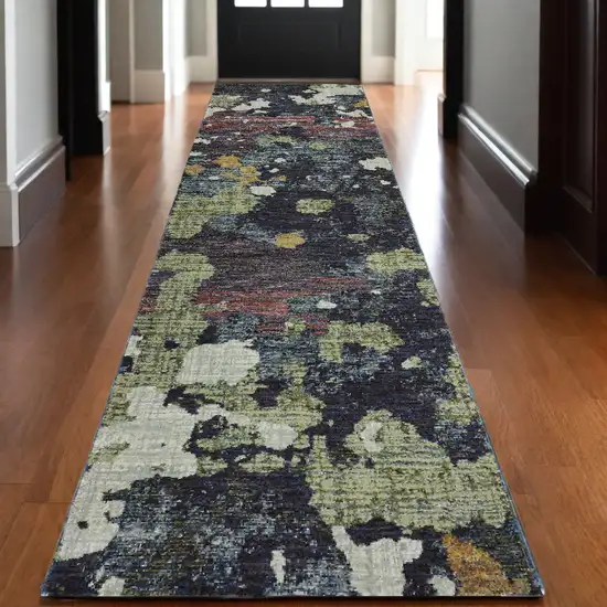 12' Runner Navy and Green Abstract Power Loom Runner Rug Photo 1