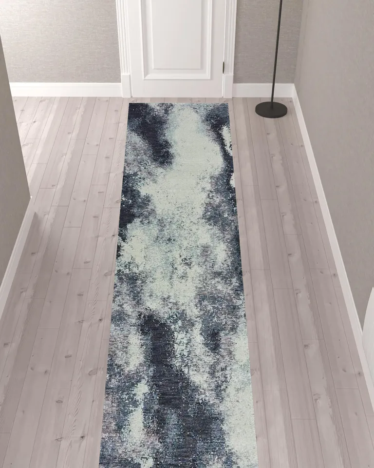 Navy And Ivory Abstract Power Loom Stain Resistant Runner Rug Photo 2