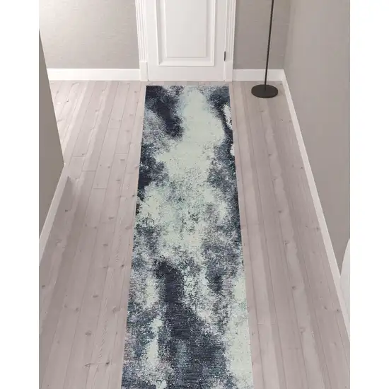 Navy And Ivory Abstract Power Loom Stain Resistant Runner Rug Photo 2