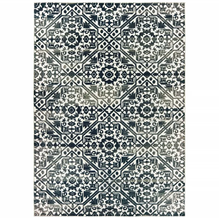 Navy And Ivory Geometric Power Loom Stain Resistant Area Rug Photo 1