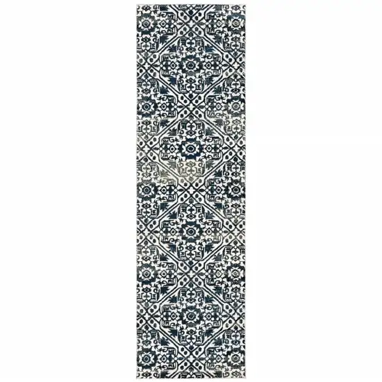 Navy And Ivory Geometric Power Loom Stain Resistant Runner Rug Photo 1