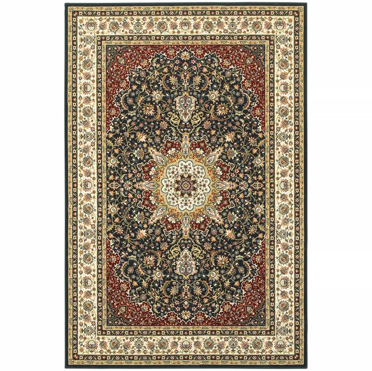 Navy And Ivory Oriental Power Loom Stain Resistant Area Rug Photo 1