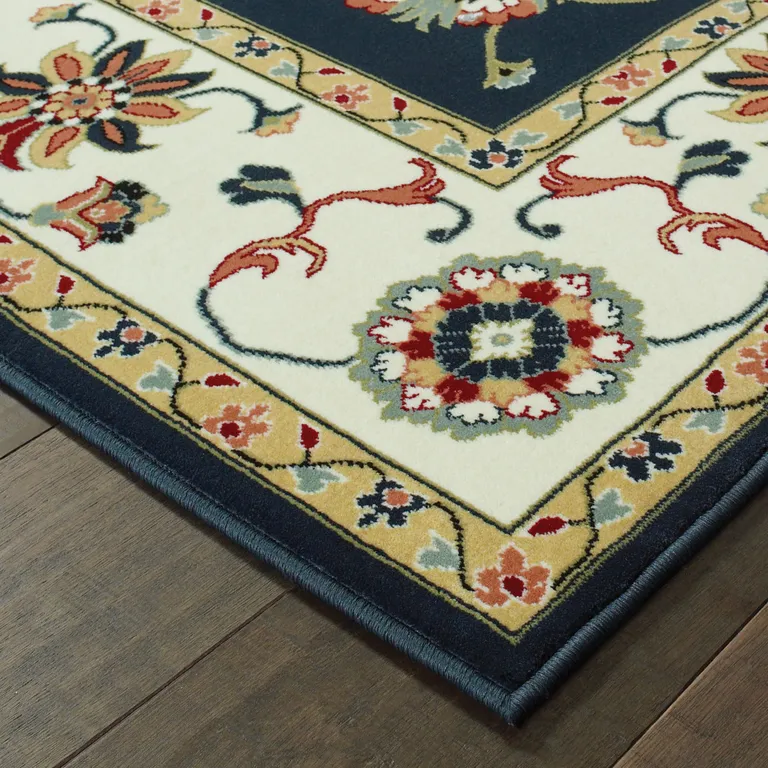 Navy And Ivory Oriental Power Loom Stain Resistant Runner Rug Photo 3