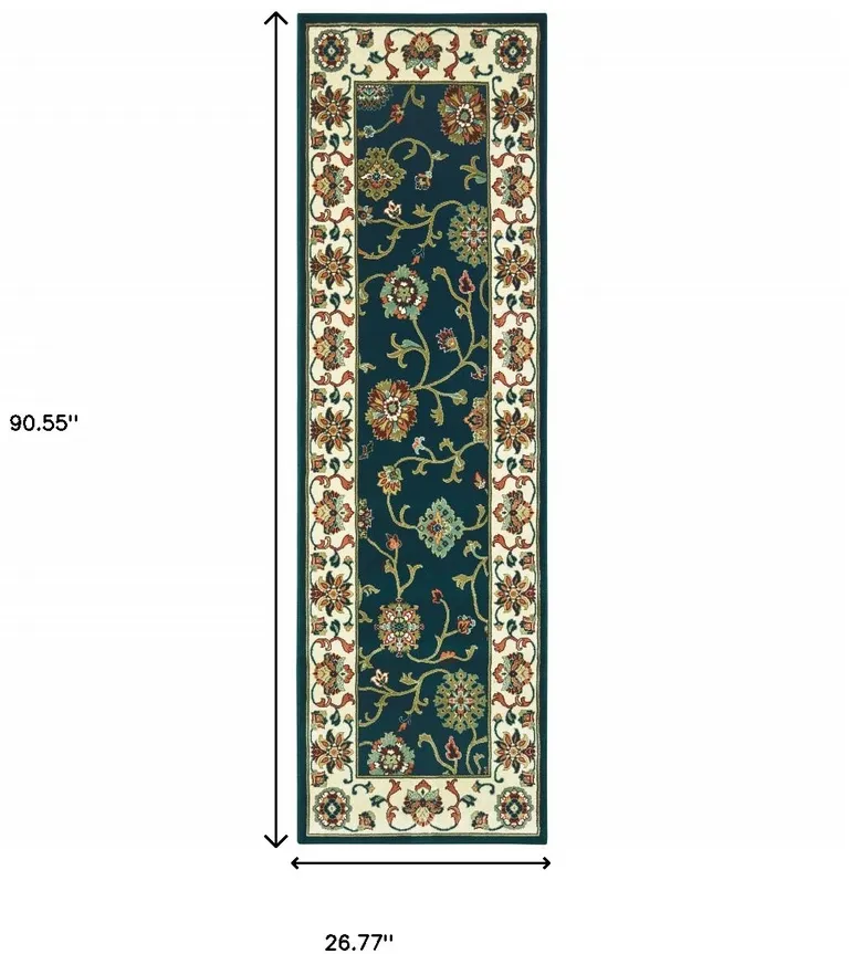 Navy And Ivory Oriental Power Loom Stain Resistant Runner Rug Photo 4