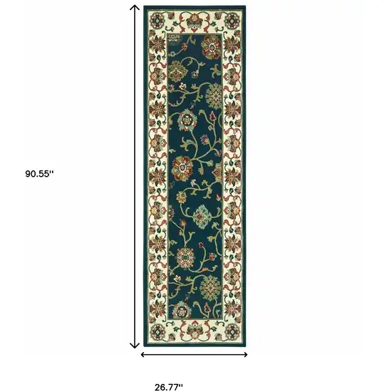 Navy And Ivory Oriental Power Loom Stain Resistant Runner Rug Photo 4