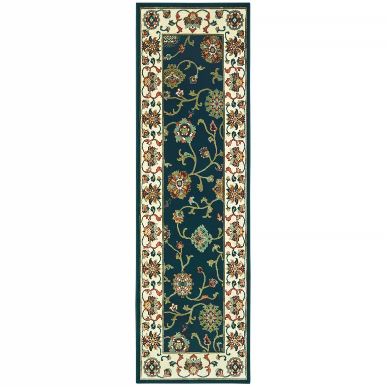 Navy And Ivory Oriental Power Loom Stain Resistant Runner Rug Photo 1