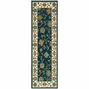 Photo of Navy And Ivory Oriental Power Loom Stain Resistant Runner Rug