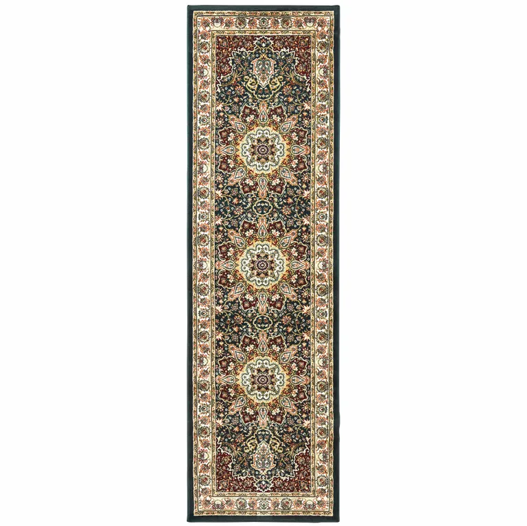 Navy And Ivory Oriental Power Loom Stain Resistant Runner Rug Photo 1