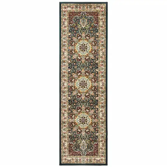 Navy And Ivory Oriental Power Loom Stain Resistant Runner Rug Photo 1