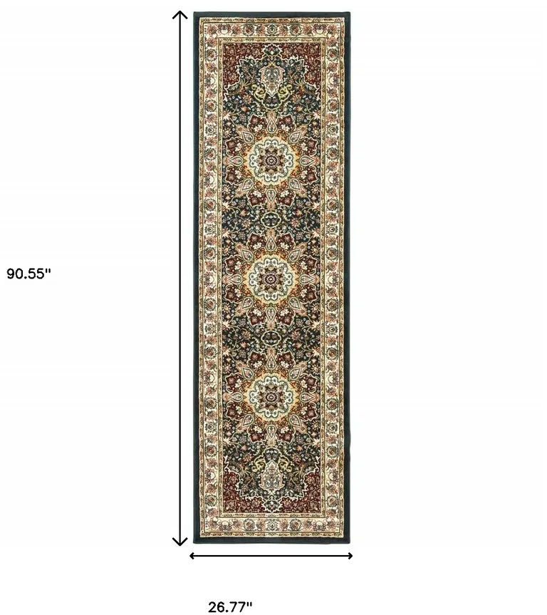 Navy And Ivory Oriental Power Loom Stain Resistant Runner Rug Photo 4