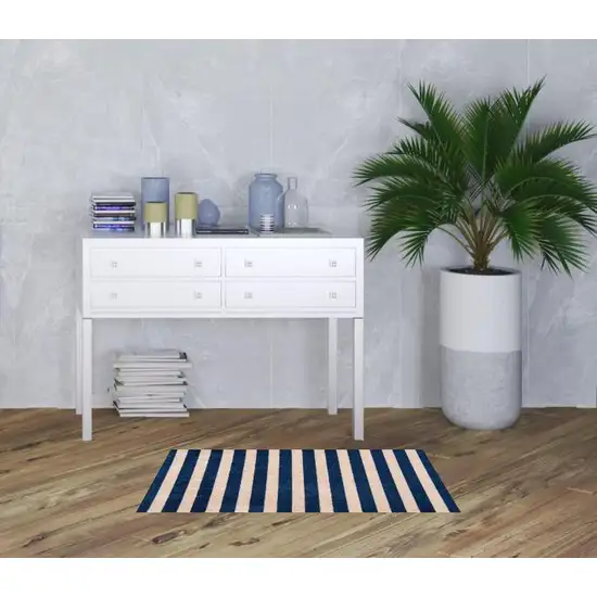 Navy And Sand Striped Tufted Washable Non Skid Area Rug Photo 2