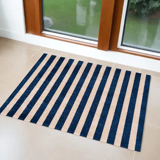 Navy And Sand Striped Tufted Washable Non Skid Area Rug Photo 1