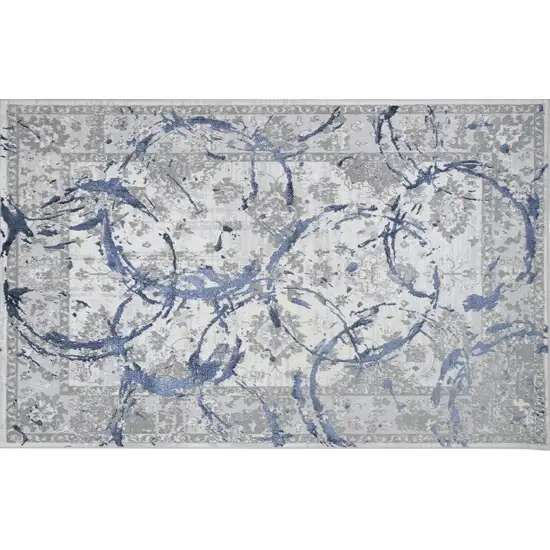 Navy Blue Abstract Area Rug With Fringe Photo 2