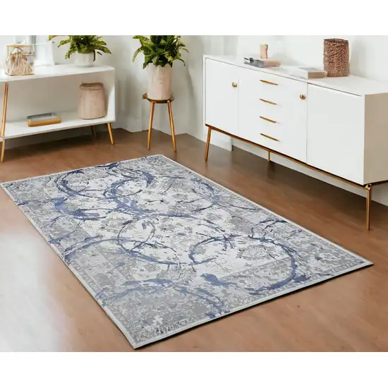 Navy Blue Abstract Area Rug With Fringe Photo 1