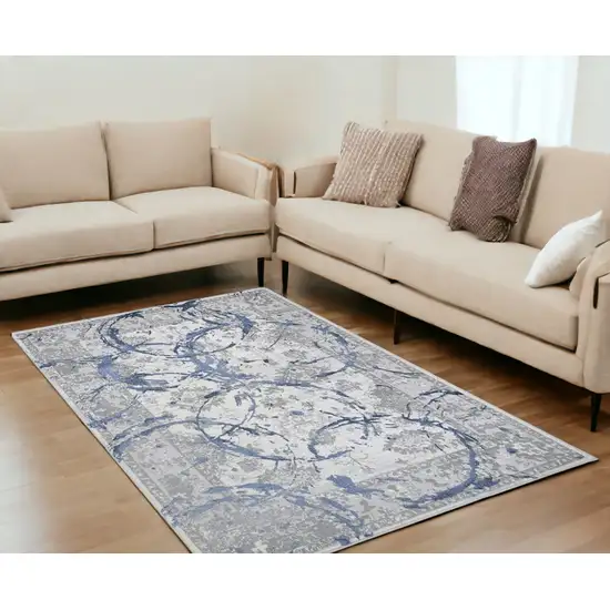 Navy Blue Abstract Area Rug With Fringe Photo 1