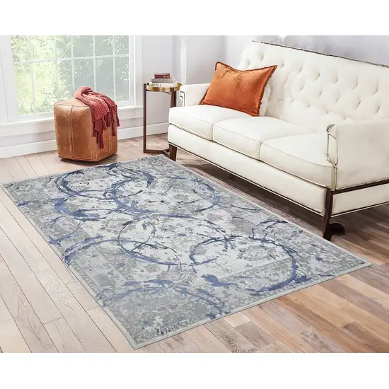 Navy Blue Abstract Area Rug With Fringe Photo 6