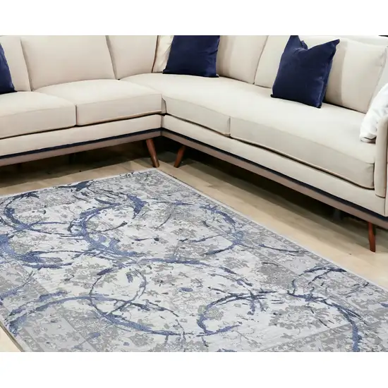 Navy Blue Abstract Area Rug With Fringe Photo 1