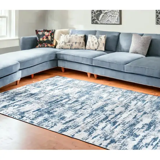 Navy Blue Abstract Washable Non Skid Area Rug With Fringe Photo 2