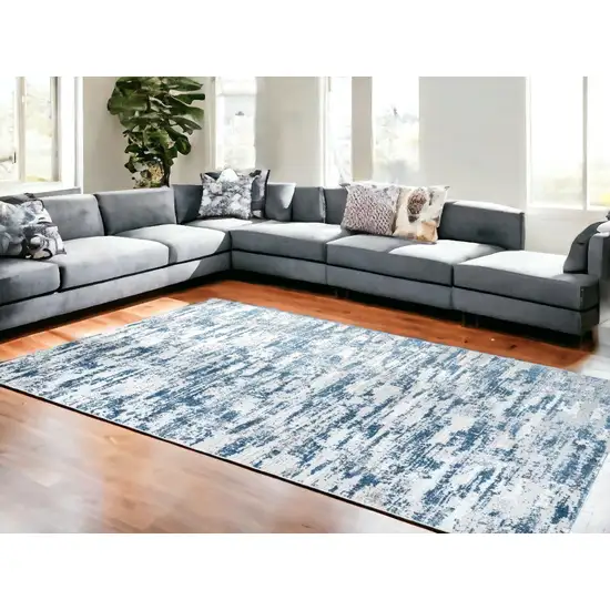 Navy Blue Abstract Washable Non Skid Area Rug With Fringe Photo 1