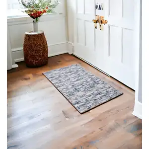 Photo of Navy Blue Abstract Washable Non Skid Area Rug With Fringe