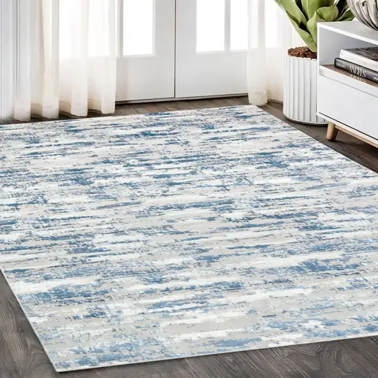 Navy Blue Abstract Washable Non Skid Area Rug With Fringe Photo 1