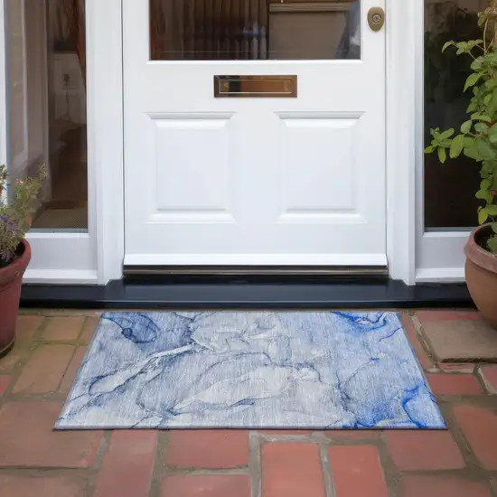 Navy Blue Abstract Washable Non Skid Indoor Outdoor Area Rug Photo 8