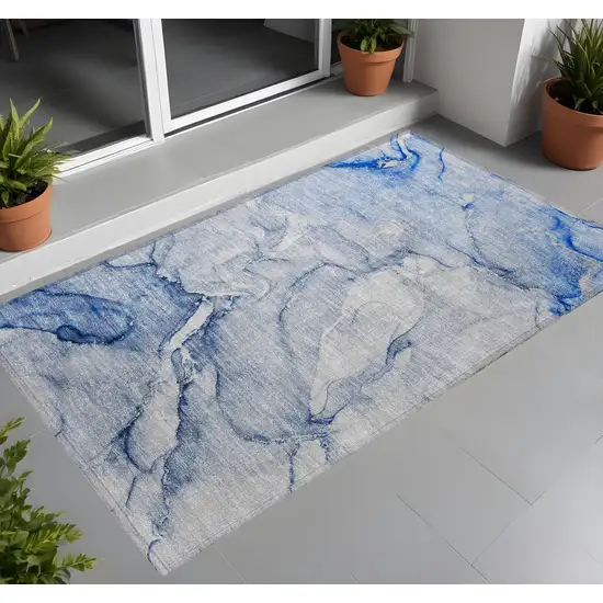 Navy Blue Abstract Washable Non Skid Indoor Outdoor Area Rug Photo 1