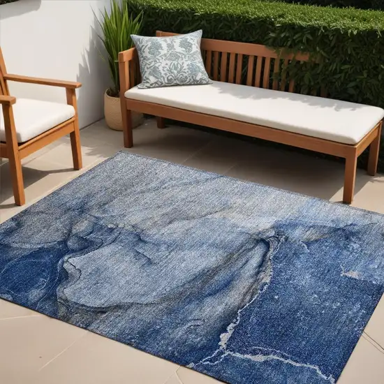 Navy Blue Abstract Washable Non Skid Indoor Outdoor Area Rug Photo 1