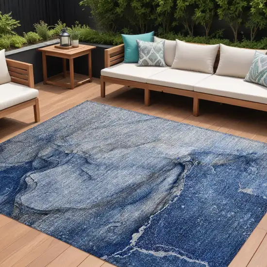 Navy Blue Abstract Washable Non Skid Indoor Outdoor Area Rug Photo 1