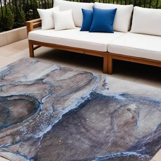 Navy Blue Abstract Washable Indoor Outdoor Area Rug Photo 1