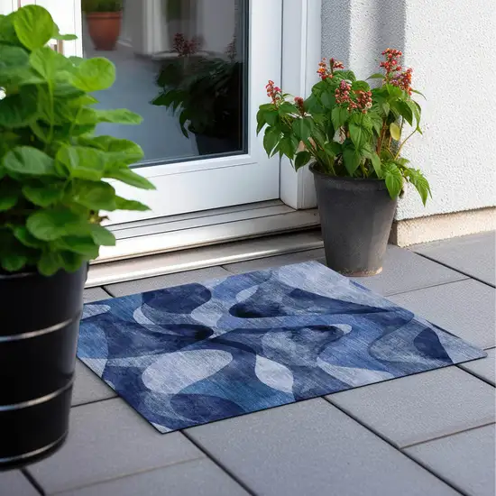 Navy Blue Abstract Washable Non Skid Indoor Outdoor Area Rug Photo 6